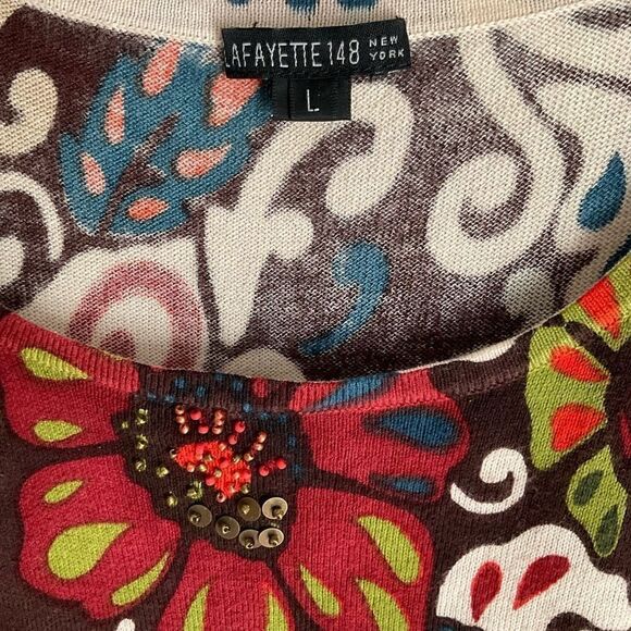 Lafayette 148 New York Blouse T-shirt Sequined Beaded Floral Tan Brown Red Large - Picture 3 of 11